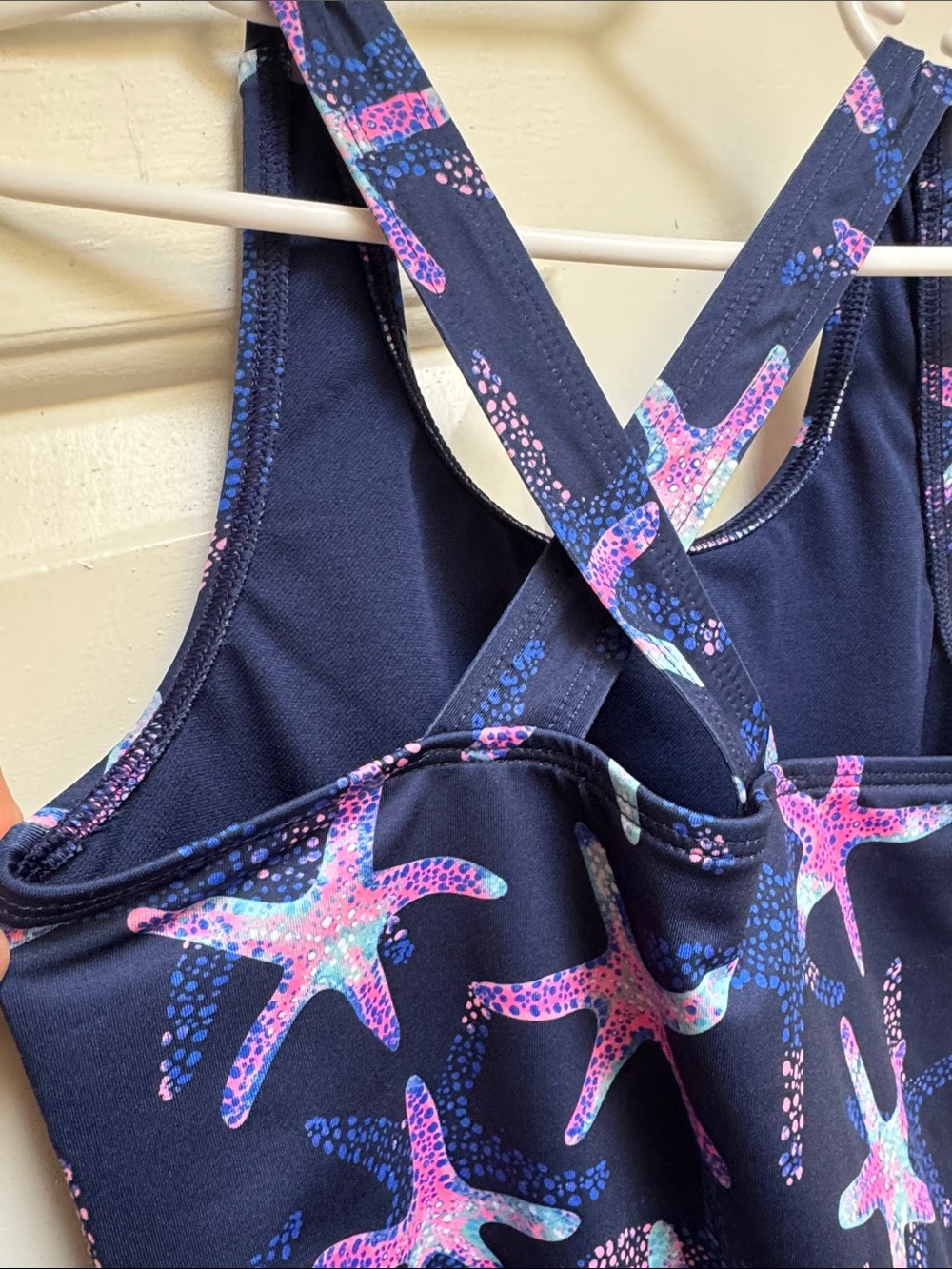 Lands End Girls size 6-7 S Navy Blue w/ Pink & Green Starfish 1 Piece Swimsuit - Picture 9 of 17